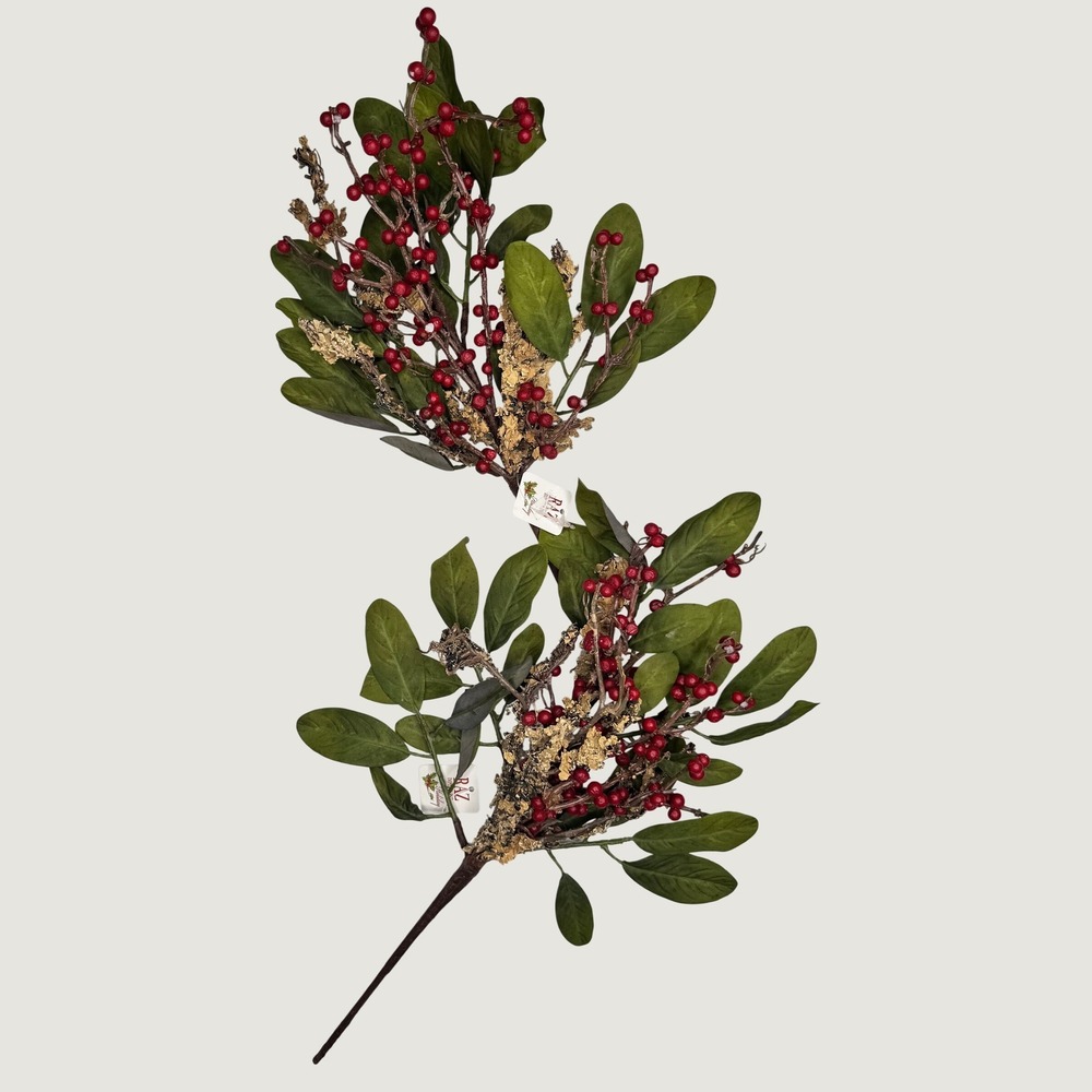 Set of 2 RAZ Imports Holiday Red Berry Leaf Floral Sprays Christmas Decor Stems